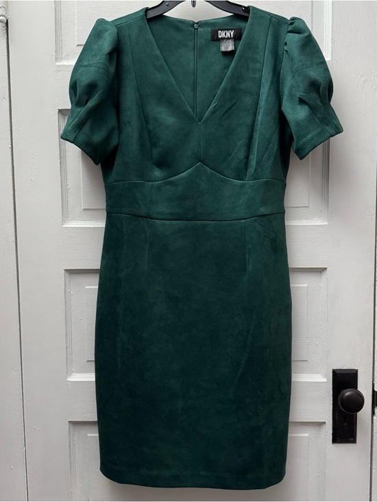 Dresses & Skirts - DKNY Emerald Green Sheath Dress Size 12 Puff Sleeve V Neck Career Chic